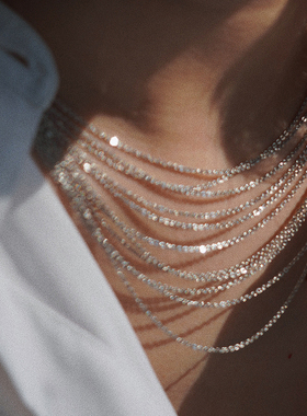 耳边铛312绝美韩国rose同款多层银色项链夸张流苏锁骨颈链毛衣链