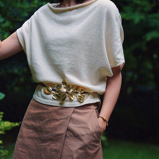 耳边铛21复古金色郁金香花朵腰带女夸张黑色皮绳波西米亚腰链腰封