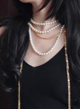 耳边铛超长打结奶油白三层项链