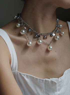 复古珍珠银色链条项链