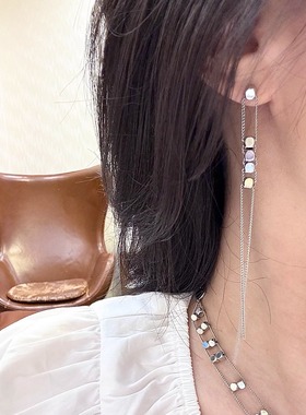 耳边铛4耳朵仔子同款小方糖链条流苏长款耳环银色高级感项链手链