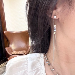 耳边铛4耳朵仔子同款小方糖链条流苏长款耳环银色高级感项链手链