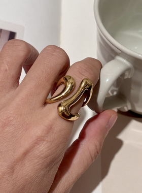 耳边铛51钛钢小众设计金色不规则几何戒指女简约百搭开口食指戒女