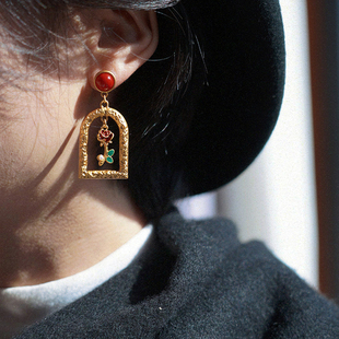 耳边铛87小王子 玫瑰花朵中古vintage耳坠小众复古铜镀金耳饰女