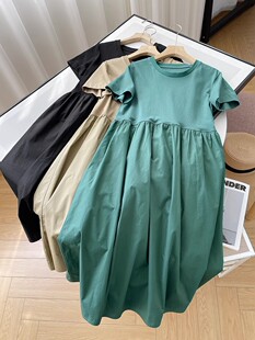 日单~2023夏季新品小众设计感拼接显瘦喇叭型中长款短袖连衣裙