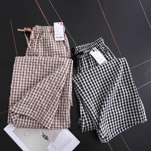 日单 女476165 松紧腰系带泡泡纱撞色格子松弛感直筒阔腿休闲裤