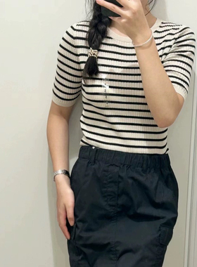 日单 2024夏季美利奴罗纹圆领条纹针织衫5分袖上衣短袖女472272