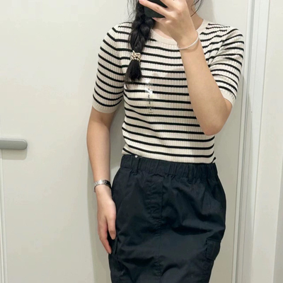 日单 2024夏季美利奴罗纹圆领条纹针织衫5分袖上衣短袖女472272