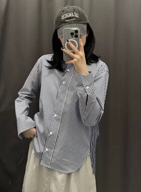 基础款  春季衬衣休闲通勤OL风宽松蓝色条纹长袖衬衫上衣女487756