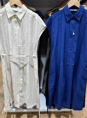 日单  24夏新款麻混纺衬衫式开衫打褶连衣裙短袖附腰带女470805