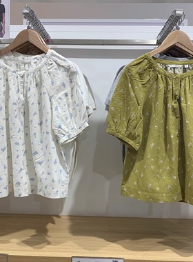 日单  2025春夏款印花泡泡袖短袖衬衫圆领衬衣女475655/477604