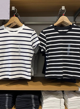 日单2025春夏季新款条纹圆领短T恤短袖迷你T修身打底衫女480820