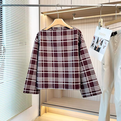 走戏班牙~春夏新款法式休闲风气质通勤风飘逸格纹平领长袖衬衫女