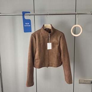 西班牙单  2025秋复古棕色麂皮绒少女风气质小立领飞行夹克外套女