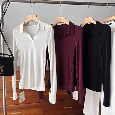 羊毛混纺！ 25秋季修身弹力V字Polo领薄款针织衫指孔上衣打底衫女