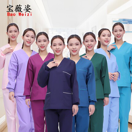 宝薇姿洗手衣女长袖手术室纯棉医生服白大褂藏蓝色洗手衣男款短袖