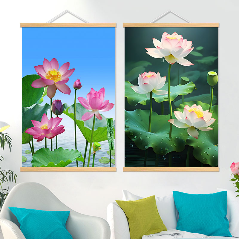 荷花净秽新中式佛堂中堂背景装饰画白莲花荷叶挂画书房玄关墙挂画