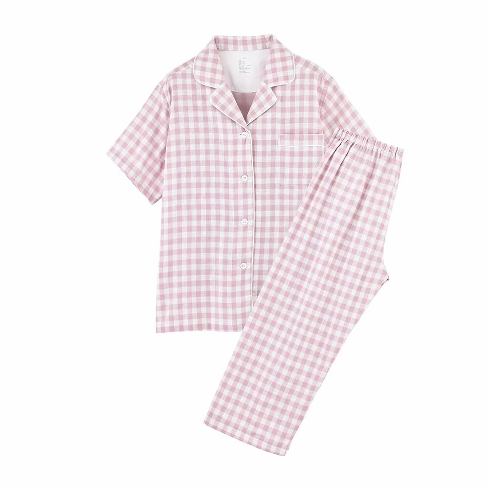 日式良品双层纱睡衣纯棉女短袖七分裤格子男情侣家居服套装夏季春