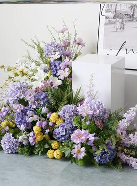 高雅紫色花艺摆件大型舞台地排花转角花仿真路引花排橱窗展区造景