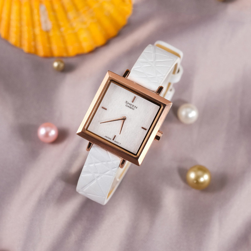 卡西欧女士手表SHEEN折纸主题时尚气质轻薄防水小方表SHE-C151PGL