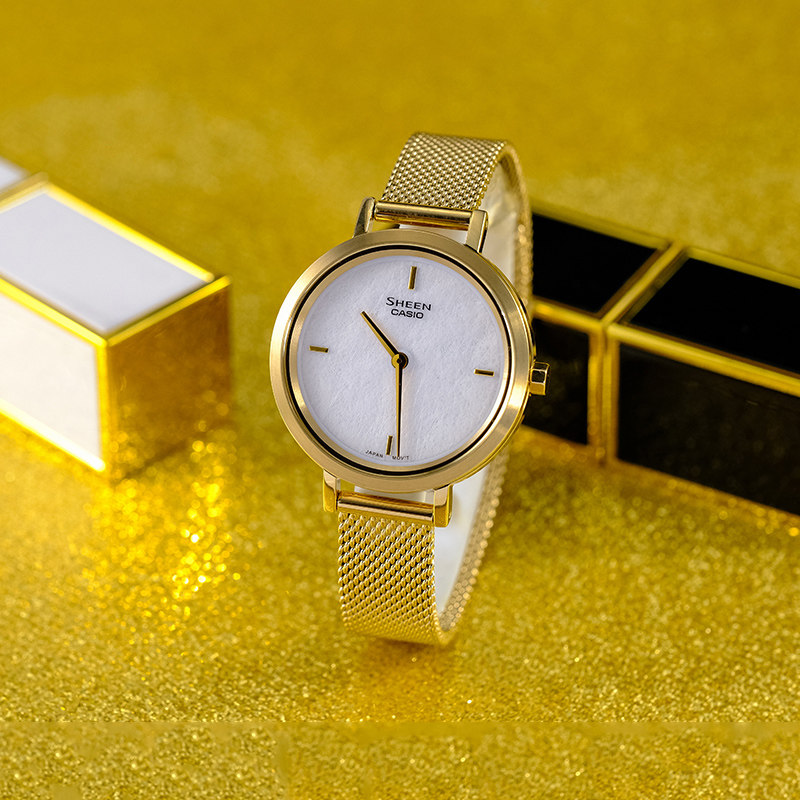 卡西欧女士手表SHEEN和纸主题轻奢小众简约商务气质石英表SHEC150