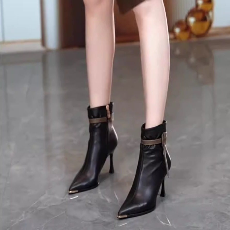 真皮尖头高跟时装靴女2025年法式气质细跟配裙子短靴小个子马丁靴,女鞋,时装靴,淘宝优惠券,粉丝福利购,淘宝优惠卷