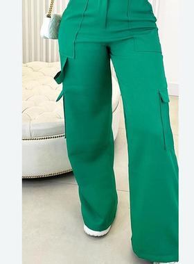 Women casual wide leg pants 2023新款绿色休闲高腰阔腿长裤