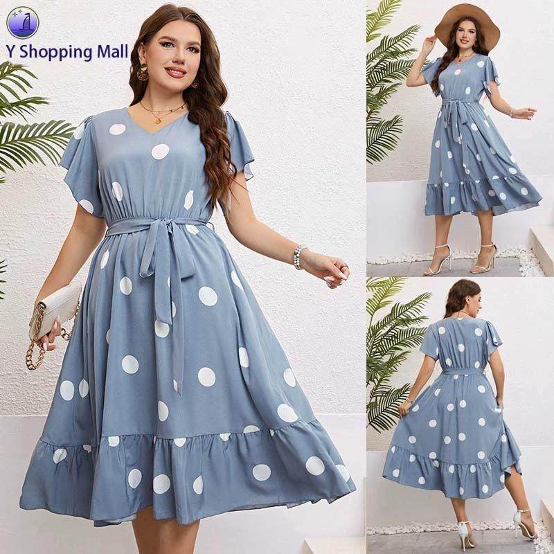 Plus Size Summer V-Neck Tie-Waist Slimming Dress for Women