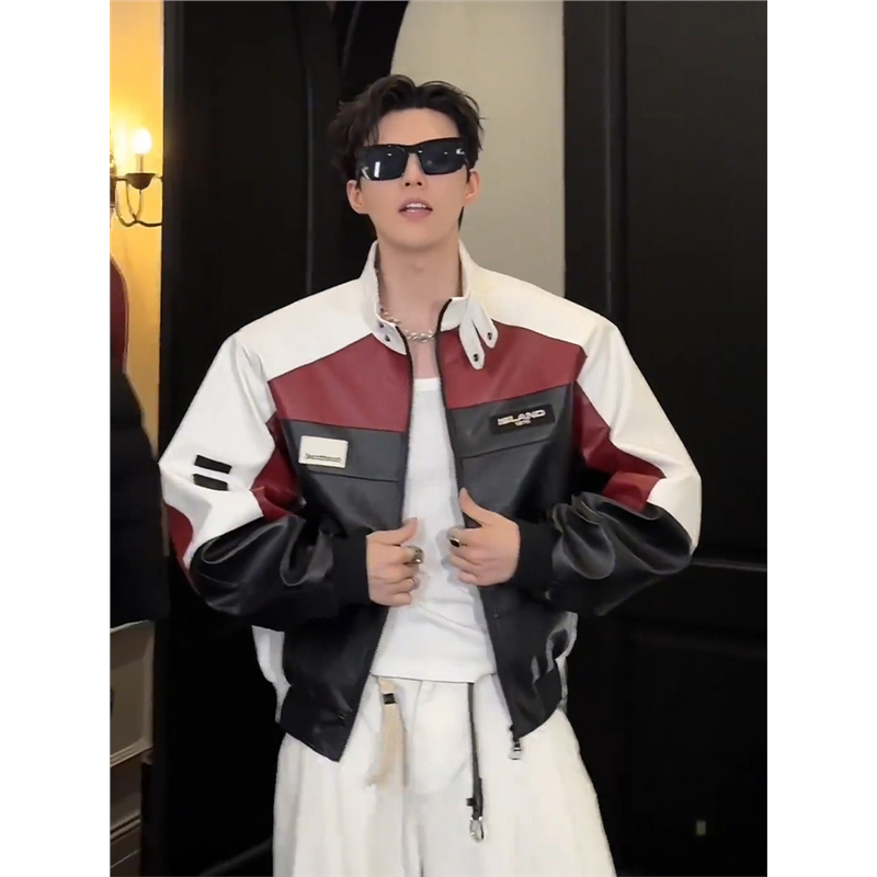 美式复古赛车服皮衣外套男春秋短款拼接撞色设计感飞行员立领夹克