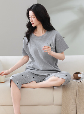 100%纯棉灰色睡衣女夏季可外穿韩版休闲宽松舒适短袖七分裤家居服