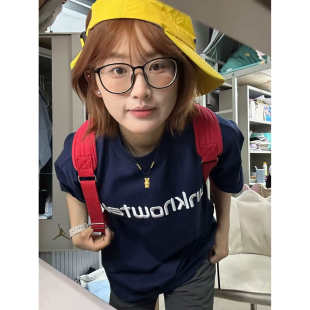 美式高街字母刺绣正肩t恤女夏季短袖宽松藏青色潮牌重磅纯棉上衣