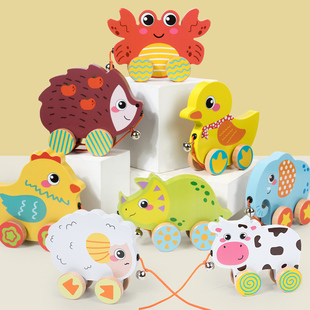 宝宝益智趣味卡通动物牵引拖拉玩具跨境木制手拉绳奶牛大象鸭拖车