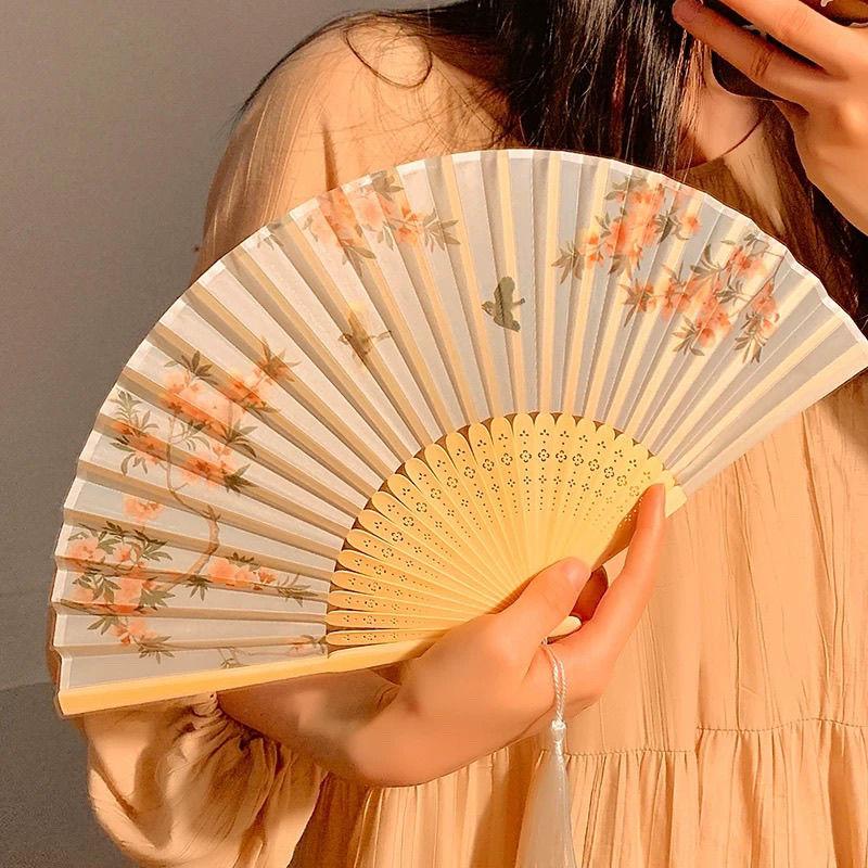 古风汉服折扇纯手工绫绢印花扇子