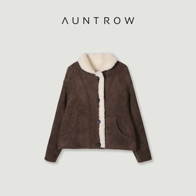 “焦糖拿铁” 100澳洲羊羔毛×定制麂皮 露S同款翻领羔毛外套