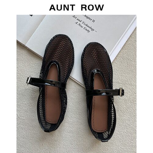 AuntRow26SS 维多利亚 小山羊皮底 法式渔网镂空一字扣芭蕾舞鞋