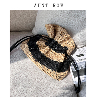 AuntRow25SS 斯米兰岛 度假风抽绳草编条纹水桶包