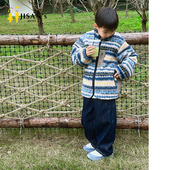 费尔岛复古条纹羊羔毛外套羊绒棉衣男童秋冬宽松拉链棉服大童外套