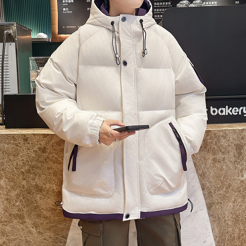 港士博撞色拼接连帽棉服男秋冬季宽松加厚保暖韩版面包服棉衣外套