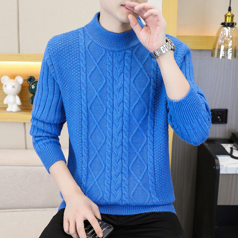 男士秋冬季纯色圆领麻花针织打底衫青少年学生保暖加厚潮流毛衣