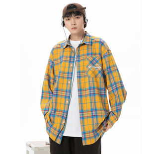 美式复古格子衬衫男士休闲上衣女春秋季男生黄色格衬衣男款外套衫