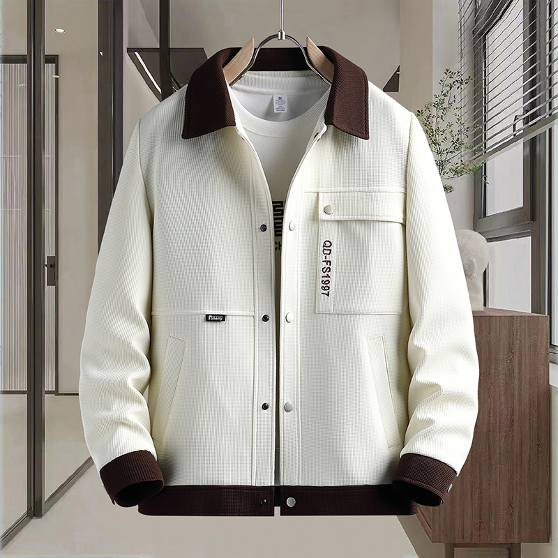 秋冬青年翻领潮牌外套男士夹克时尚休闲工装撞色有加绒夹克衫上衣