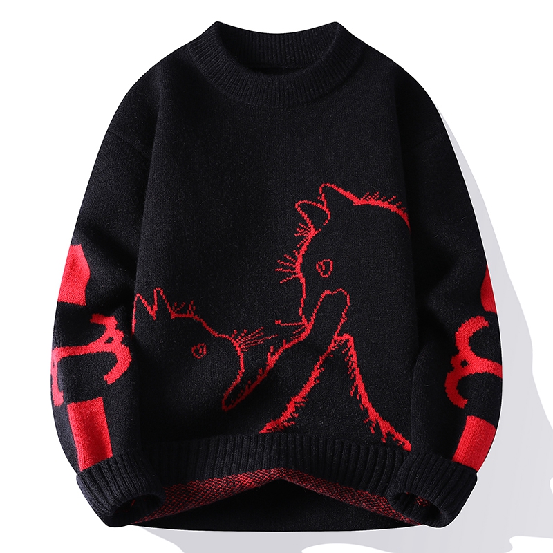 提花卡通猫咪男士毛衣简约潮流青年打底秋冬季厚款长袖针织衫线衣