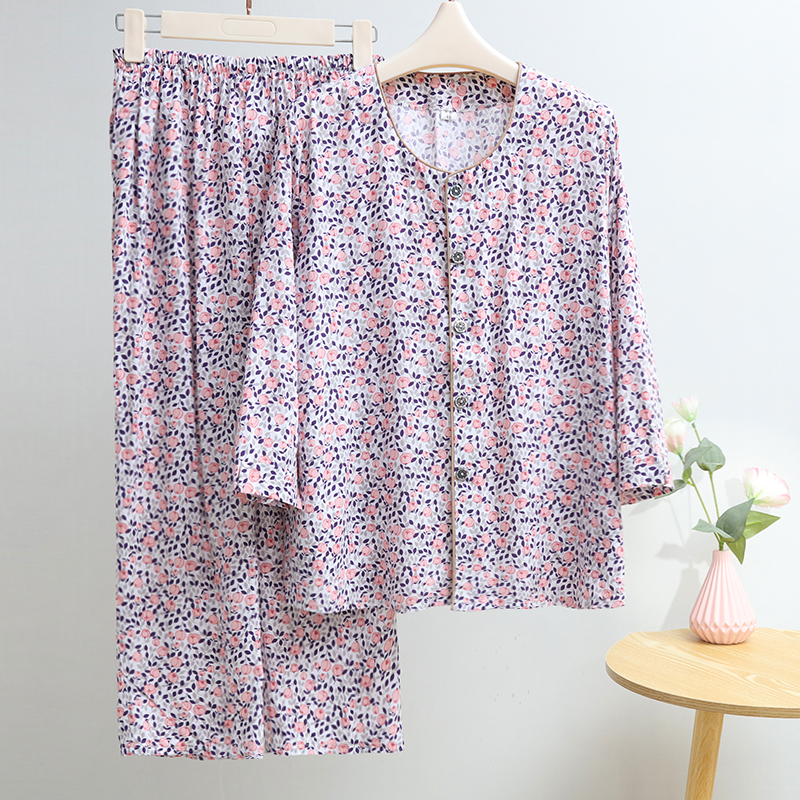 中老年人棉绸睡衣女夏季开衫薄款妈妈人造棉宽松扣子衣服外穿套装