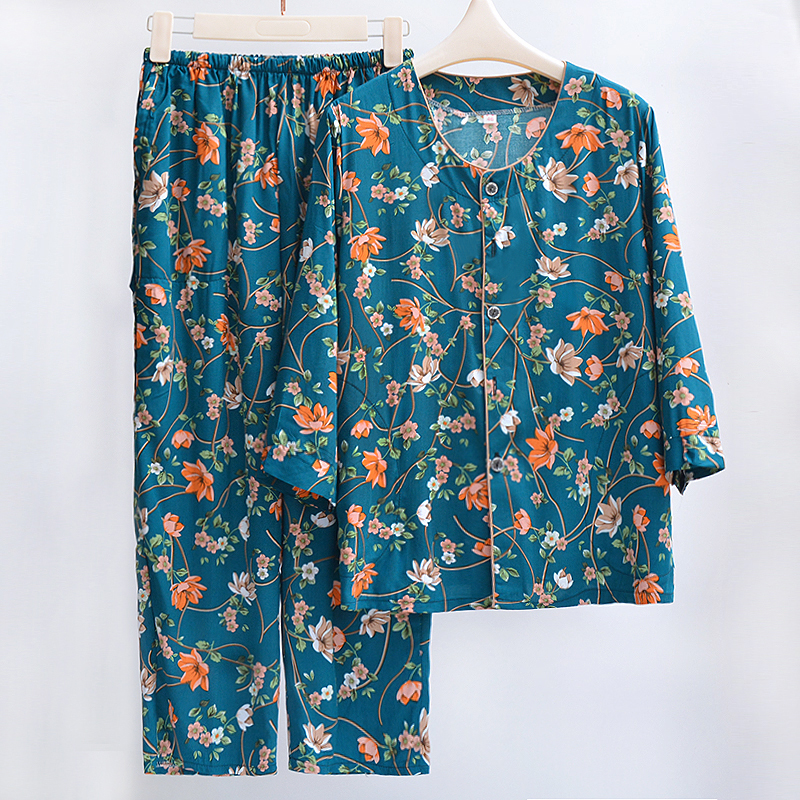 中老年人棉绸睡衣女夏季开衫薄款妈妈人造棉宽松扣子衣服外穿套装