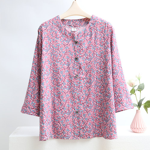 奶奶夏装棉绸衬衫上衣女宽松翻领老年人衣服开衫人造棉绵绸衬衣