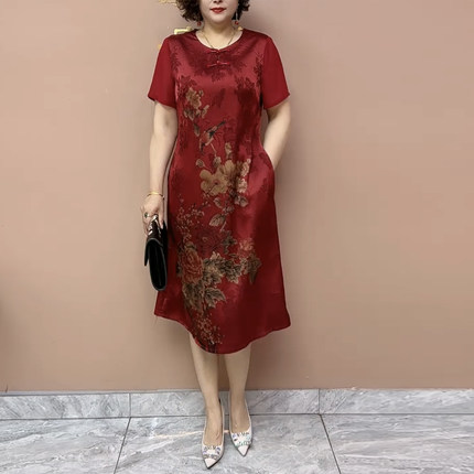 夏季新款国风真丝连衣裙洋气妈妈新中式短袖旗袍裙花色薄款长裙女
