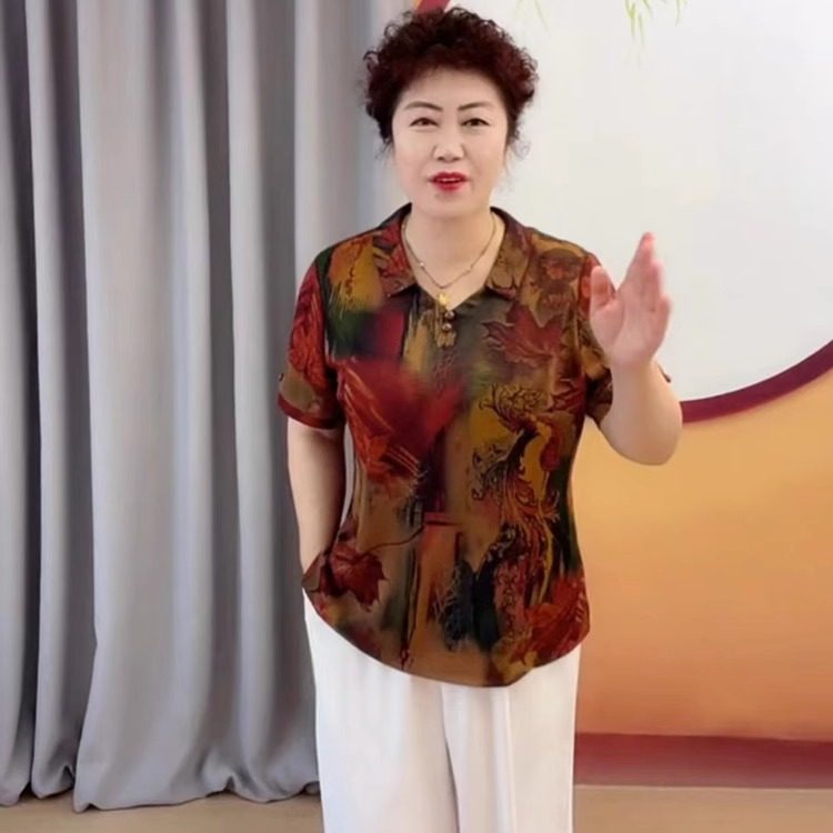 妈妈装中年加肥加大真丝衫夏季新款时尚枫叶墨染T恤宽松显瘦上衣