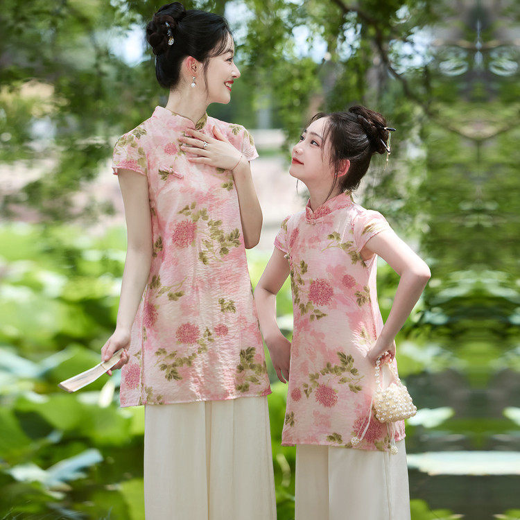 夏季新中式碎花母女亲子两件套图片