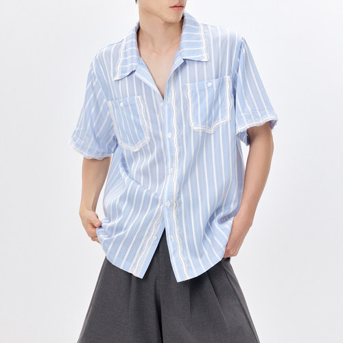 “海盐气泡”男女蕾丝边条纹衬衫