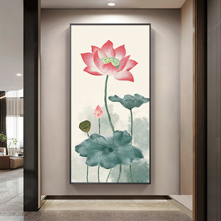 手绘油画入户玄关装饰画走廊过道挂画现代简约新中式壁画荷花定制